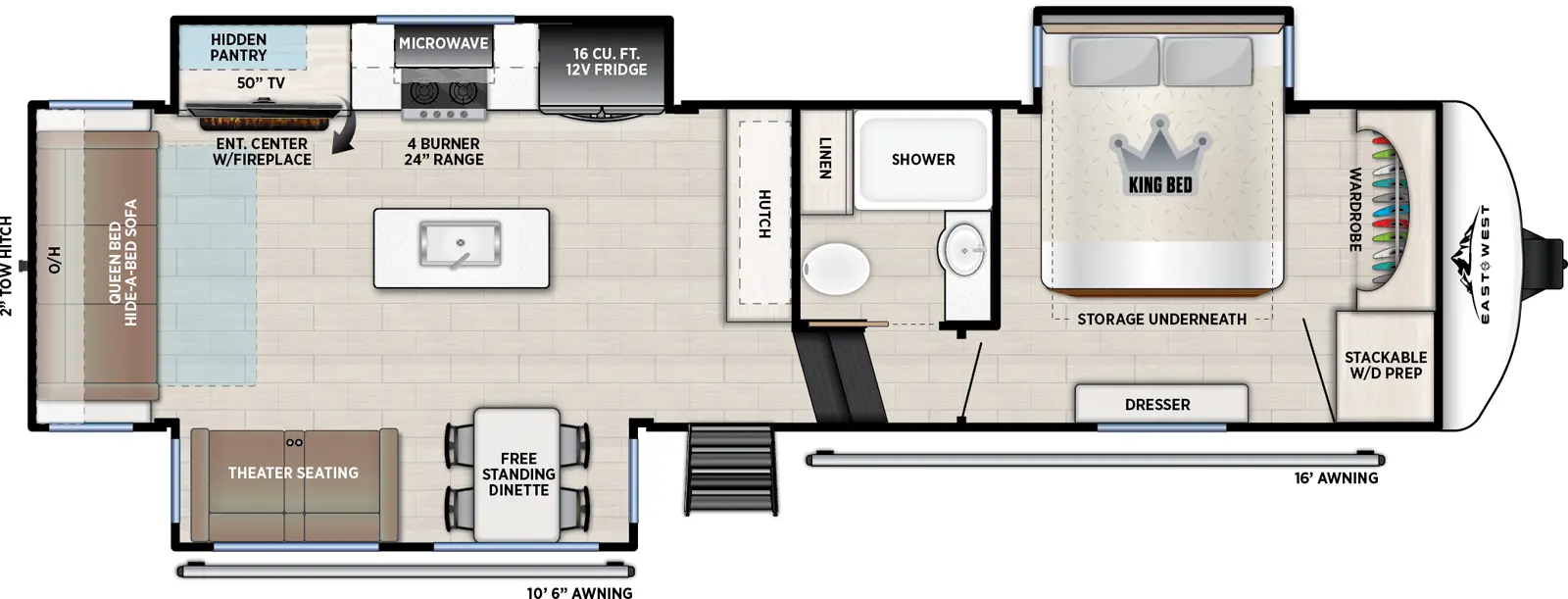 The Tandara 295RL floorplan has one entry and three slide outs. Exterior features include: fiberglass exterior and 10'6" & 16' awning. Interiors features include: kitchen island, free-standing dinette option, front bedroom and rear living.